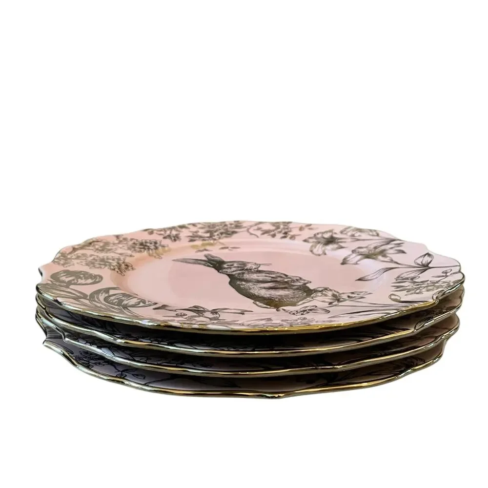222 Fifth Pink Gold Bunny Hill 10.75” Porcelain Dinner Plates Easter Set/4 New